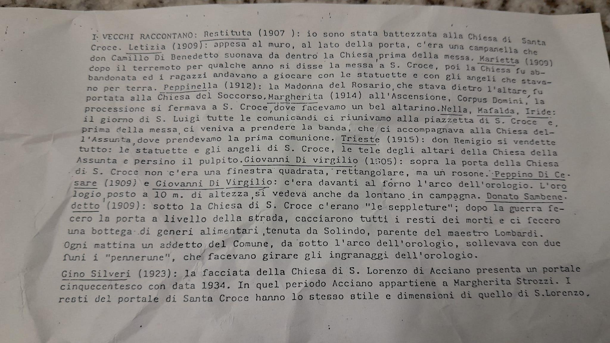 testimonianze sulla Chiesa di Santa Croce e sull'orologio, documento rinvenuto da Lucio Santilli